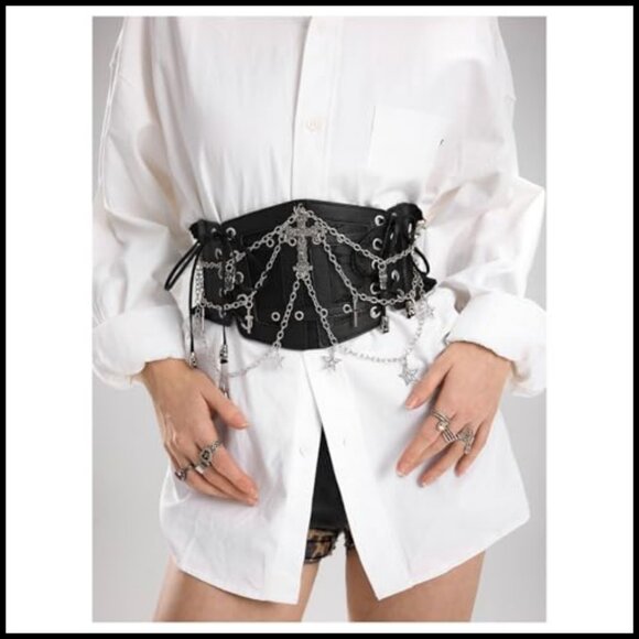 Faux Leather Corset Belt Chain Lace Up Side Elastic Waist Goth Punk Y2K main image 6